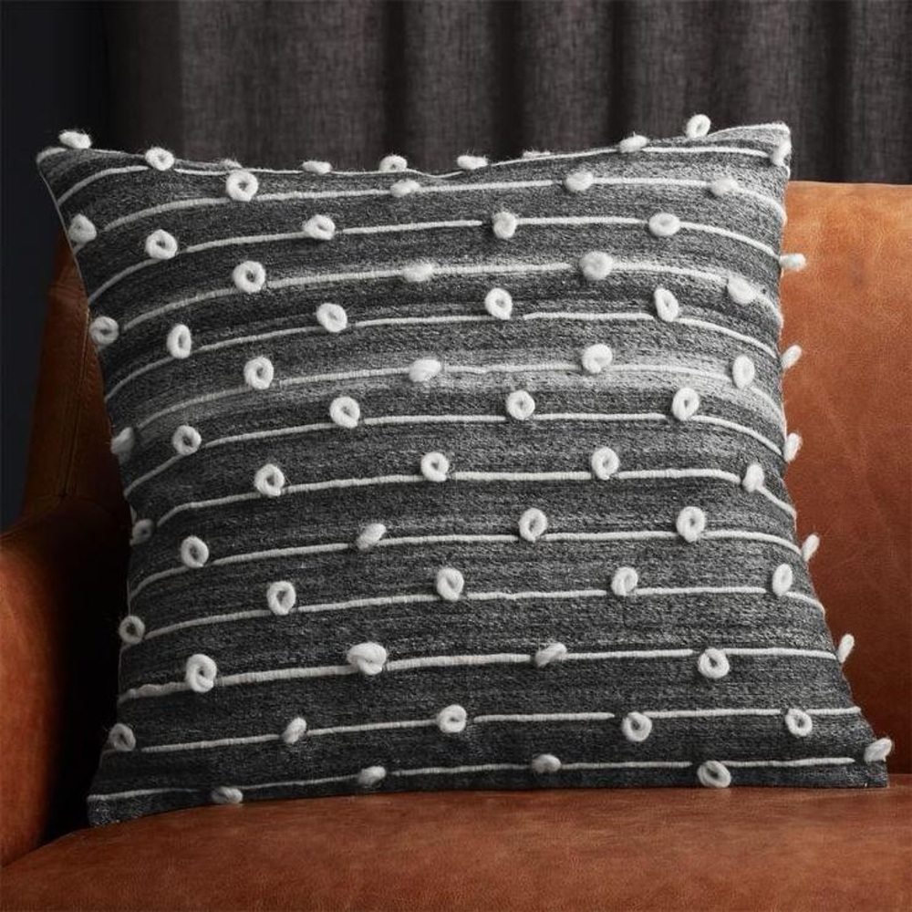 CB2 Margaux Dark Gray French Knot White Textured Striped Throw Pillow, 20” x 20”